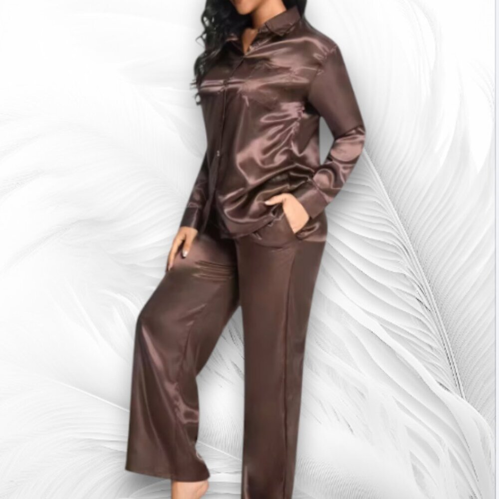 Brown Pajama Set – Long Sleeve Button Top & Wide-Leg Pants (L)